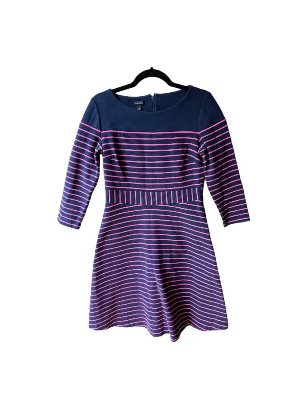 Talbots Size S Navy Blue & Pink Striped 3/4 Sleeve Mini Fit & Flare Ponte Dress